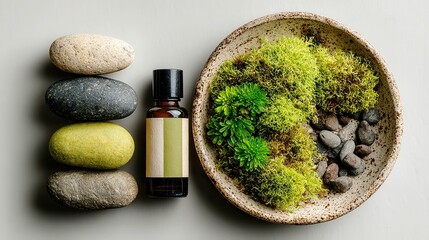 Natural wellness display, assortment of herbal supplements and greenery in a circular dish on a neutral background, relaxation theme.