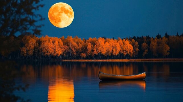 Serene Autumn Lake with Full Moon and Canoe at Night