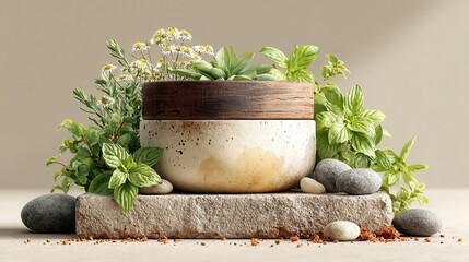 Trendy bowl with herbs, rustic ceramic bowl filled with fresh herbs and stones, perfect for kitchen decor or wellness themes.