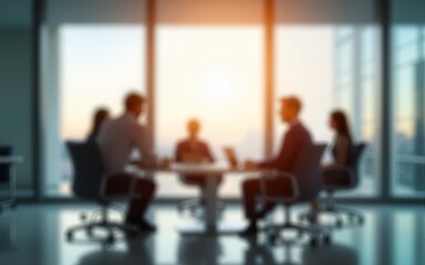 Defocused abstract background featuring a modern meeting room with natural light and a professional team collaborating. Ideal for business and corporate visuals. High quality