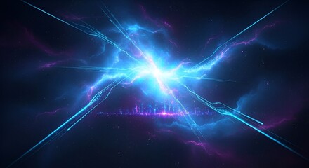 Electric space burst above digital cityscape