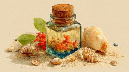 Aromatic natural ingredients in a jar, essential oils and herbs arranged with wooden elements, perfect for wellness themes.