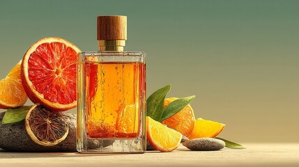 Fragrant perfume bottle with citrus fruits, vibrant aroma displayed with fresh lemons and grapefruits, inviting and fresh theme.