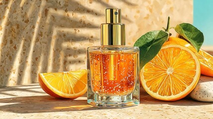 Freshly squeezed orange juice, vibrant glass filled with citrus drink, juicy oranges nearby, perfect for refreshing summer vibes.