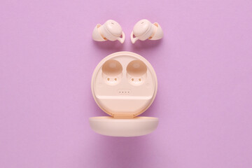 Modern Wireless Bluetooth Vacuum Earbuds with Charging Case on Purple Background