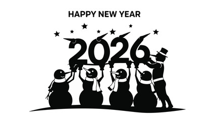 Playful snowmen celebrate the arrival of the new year 2026 with festive cheer.