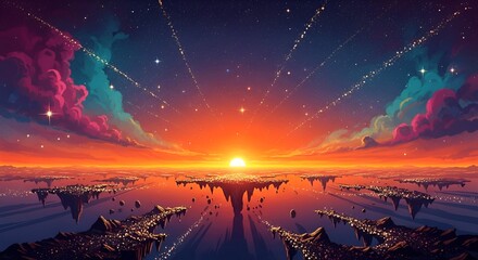 Floating islands under a celestial sunrise