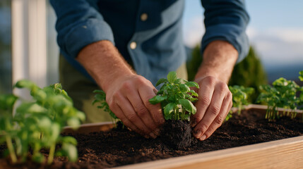 Close-up of hands planting basil seedlings on sunny eco-home terrace — mindful gardening and everyday sustainability. cinematic color correction, natural uneven lighting yet gentle backlight, soft
