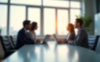 Defocused abstract background featuring a modern meeting room with natural light and a professional team collaborating. Ideal for business and corporate visuals. High quality