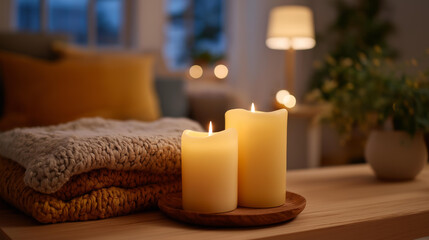 Evening coziness in eco-home living room with candles, warm lights, recycled textiles, and soft wooden elements &mdash; atmosphere of slow living and sustainable comfort. cinematic color correction,