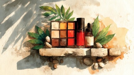 Colorful art supplies arranged creatively, vibrant paints and brushes displayed with greenery, ideal for artistic inspiration.