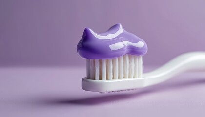White toothbrush with purple paste on soft lilac background. Closeup macro shot of dental hygiene tool with gentle color for clean mouth care routine.