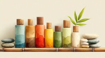 Colorful herbal tinctures arranged neatly, vibrant glass bottles in green, blue, yellow, and orange, natural elements on display.