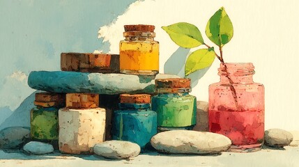Colorful jars and ingredients, vibrant collection of natural skincare products, wellness theme, ideal for beauty promotions.