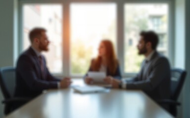 Defocused abstract background featuring a modern meeting room with natural light and a professional team collaborating. Ideal for business and corporate visuals. High quality