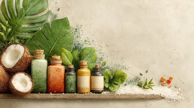 Natural skincare products displayed on wooden shelf, colorful bottles with herbs and plants, vibrant wellness theme, ideal for health articles.