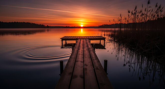 Wooden pier on calm lake at sunset with orange sky