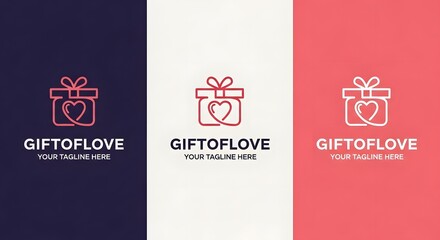 Elegant gift of love logo design with heart and ribbon, available in three color variations, perfect for branding and marketing, isolated on white background