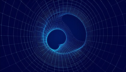 Stylized black hole with warped space-time grid and radial blue gradient.