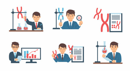 Scientists conducting experiments, analyzing data, and examining genetic structures in a lab setting.
