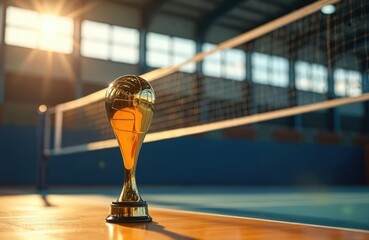 Golden volleyball trophy cup stands on indoor court floor. Award for winner of championship tournament in empty gym. Sunlight shines on prize against blurred net background. Victory success,
