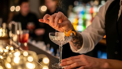 Bartender Crafting Cocktail with Citrus Zest at Illuminated Bar.
