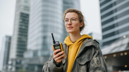 A researcher measuring sound levels in a busy urban environment with a handheld decibel meter, skyscrapers reflecting city noise in all directions — acoustic analysis, environmental measurement,