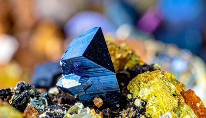 Close-up of black crystal surrounded by white and orange minerals in a natural geological formation.