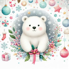 Adorable Polar Bear Cub Holding Gift Box – Cute Winter Holiday Illustration with Snowflakes, Ornaments & Festive Wreath – Perfect for Greeting Cards, Baby Products & Social Media