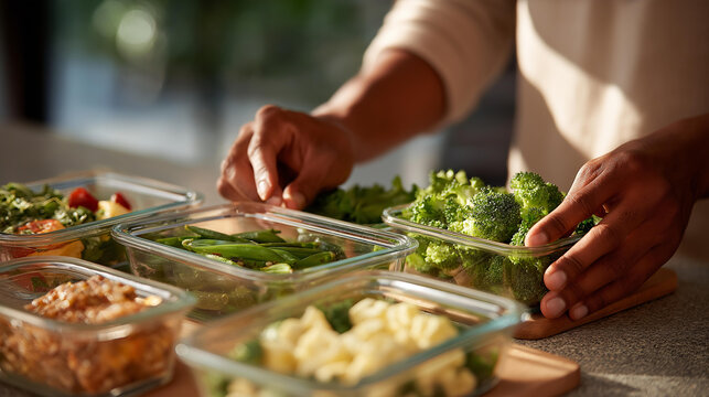 A person meal prepping for the week on a tidy kitchen counter, arranging healthy ingredients into labeled containers — self-discipline in nutrition, wellness routine, and long-term lifestyle - Powered by Adobe