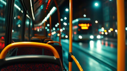 Atmospheric Night View of City Bus Interior and Urban Lights