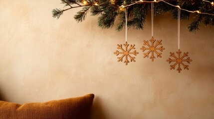Cozy Christmas Decor with Wooden Snowflake Ornaments and Pine Garland