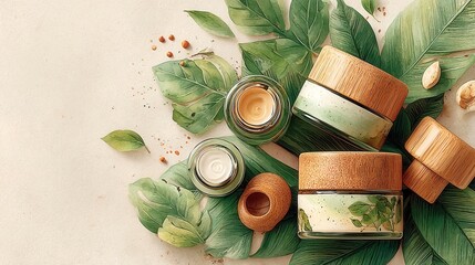 Natural skincare products on leaf background, eco-friendly jars showcasing organic ingredients, wellness and relaxation theme.