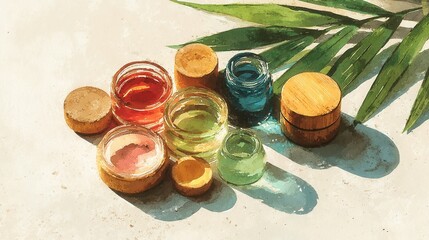 Colorful assortment of natural skincare products, vibrant jars on light surface with bamboo leaves, perfect for wellness themes.