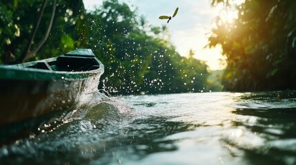 Serene Sunrise River Journey with Traditional Canoe in Lush Jungle
