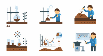 A set of six illustrations depicting scientific experiments related to soil, plants, and data analysis.