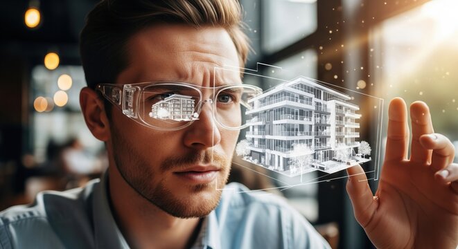 Man in Glasses Visualizing 3D Architectural Model in Modern Workspace Environment