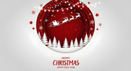 Festive christmas background with santa claus silhouette flying in a sleigh with reindeer over a snowy landscape, christmas tree and light decoration, isolated on white background