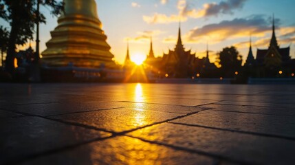 Serene Sunset at Thai Temple with Golden Pagoda