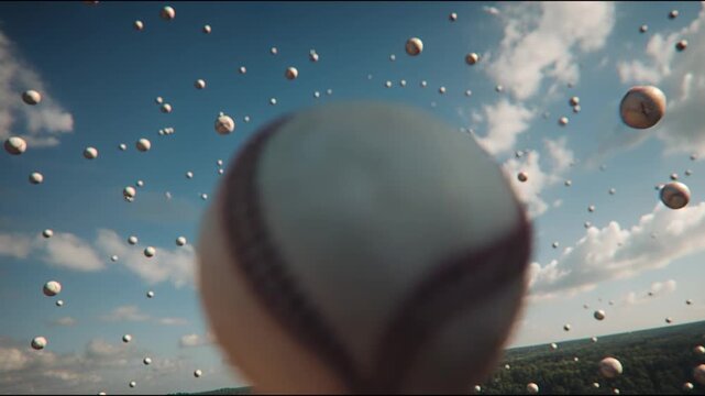 Flying baseball red stitch seam leather ball closeup macro motion speed dynamic focus sky sport texture sports ball motion blur blue sky clouds outdoor depth of field energy vivid scene of multiple
