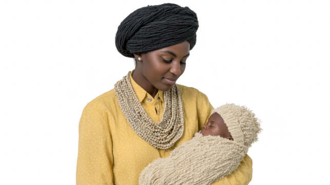 African woman wearing yellow blouse and beaded necklace lovingly holding newborn baby wrapped in cream textured blanket, both showing peaceful expressions, isolated on transparency background