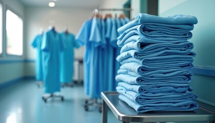 Neatly stacked light blue surgical scrubs and medical gowns arranged in a clean healthcare facility. Uniforms await dedicated workers, symbolizing order and hygiene in a sterile environment.