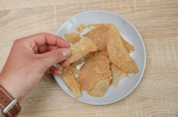 Hand holding Chicken dry chips slices on a plate