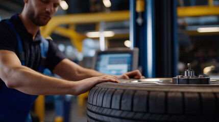 A mechanic carefully balancing a car wheel on a digital spin balancer, the tire rotating at high speed as LED numbers stabilize on the screen — precision automotive balancing, professional workshop