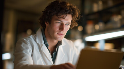 Fototapeta premium A scientist staying overnight in the lab for the seventh night in a row, monitoring critical data instead of attending a family celebration — research sacrifice, scientific commitment, and pursuit