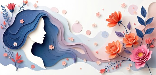 Paper craft illustration shows profile silhouette of woman with flowing blue hair, surrounded by pastel waves, blooming flowers. Artwork suitable for International Womens Day, spring themes, beauty,