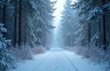 Snowy forest path leading into misty distance. Tall pine trees covered in white snow create serene winter scene. Narrow trail winds through woods, inviting exploration, adventure. Image evokes