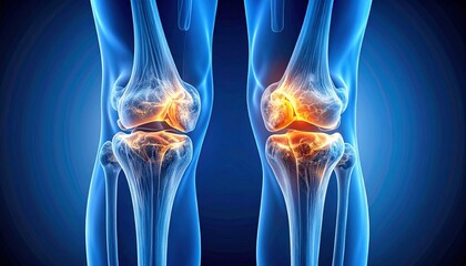 Digital anatomy of glowing blue knee joints highlighting bones and skeletal structure.