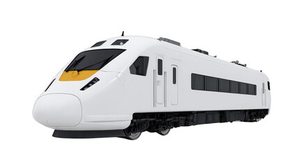 Naklejka premium Modern white passenger train with yellow accent, streamlined design, large windows, and sleek exterior, isolated on transparent background, representing fast transportation and innovation