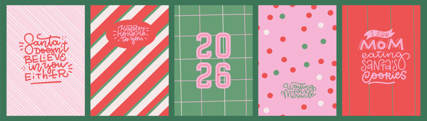 Set of Merry Christmas and Happy New Year cards with funny lettering. Collection of abstract quirky greeting cards, posters, holiday covers. Xmas Design with geometric decor. Flat hand drawn vector.